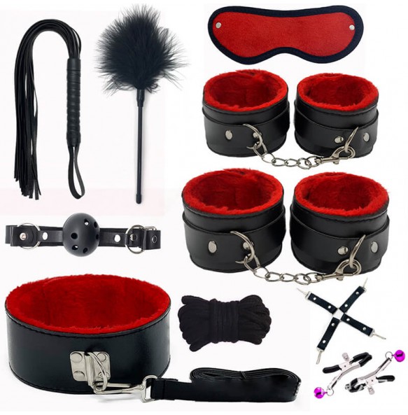 MIX - Leather Plush 10 Pieces SM Bondage Kit (Black - Red)