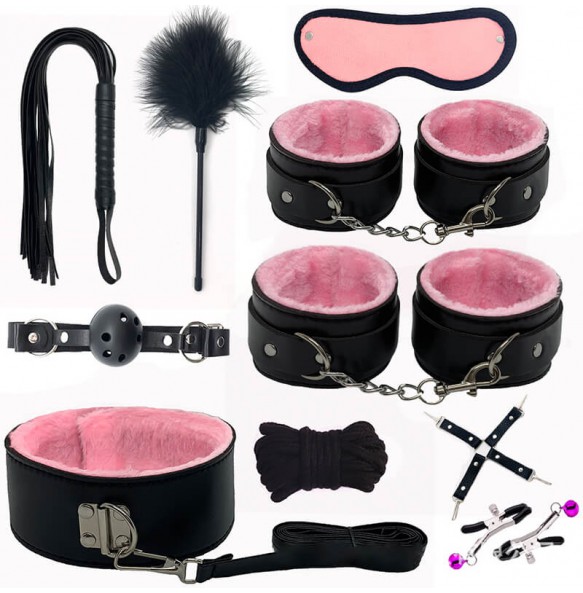 MIX - Leather Plush 10 Pieces SM Bondage Kit (Black - Pink)