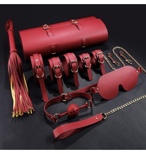 MizzZee - SM Leather 8 Pieces Bondage Kit With Bag (Burgundy)