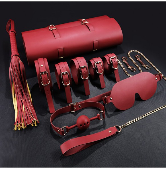 MizzZee - SM Leather 8 Pieces Bondage Kit With Bag (Burgundy)
